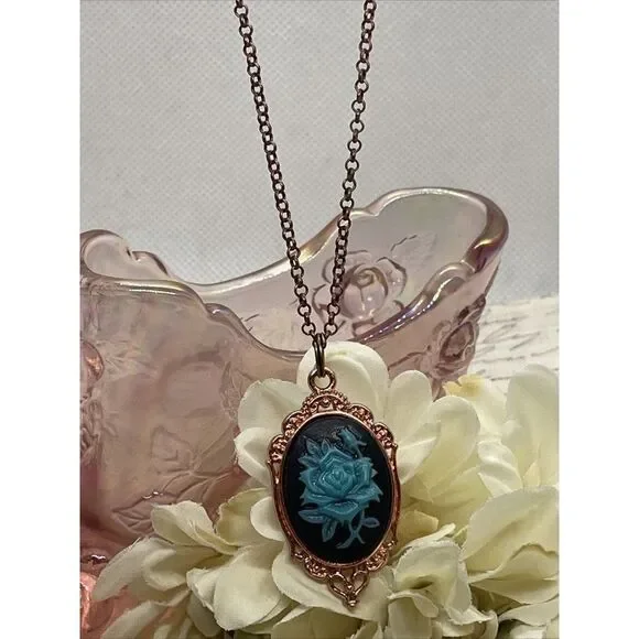 Black teal Turquoise Necklace Easter Mom Cameo Mom Rose Gold wedding Jewelry - Picture 7 of 13
